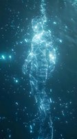 Glowing blue holographic human silhouette composed of luminous particles and geometric lines against dark background, creating futuristic technological effect.