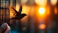 Bird silhouette taking flight from cage at sunset with golden bokeh background, symbolizing freedom, hope and new beginnings in dramatic lighting conditions.