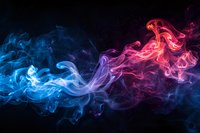 Vibrant red and blue smoke trails collide creating ethereal purple wisps against black background, abstract flowing design for creative projects and backgrounds.