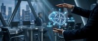 Business professional presenting digital compass navigation interface with holographic technology in modern corporate office environment.