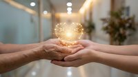 Hands of adult male and female holding glowing golden light sphere together in modern office space, symbolizing teamwork, innovation, energy transfer, and shared success in business collaboration.