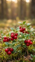 Fresh red lingonberries growing on wild bush in autumn forest with warm sunlight filtering through trees creating natural bokeh background.
