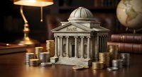 Classical bank building model surrounded by golden coins on wooden desk with warm lamp lighting and vintage books creating financial investment concept.