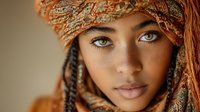 Young Middle Eastern woman with striking blue eyes wearing ornate golden headwrap and traditional jewelry in warm portrait lighting for fashion and beauty concepts.