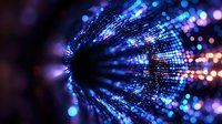 Glowing digital tunnel with blue and purple light particles creating dynamic motion effect against dark background. For technology and future concepts.