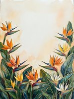 Watercolor bird of paradise flowers with lush green leaves framing a warm beige background, perfect for cards, prints, and wall art.