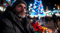 Elderly homeless man with gray beard wearing winter hat looks up hopefully near festive Christmas lights and decorated tree in urban setting.