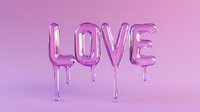 Metallic pink balloon letters spelling LOVE with dripping liquid effect on gradient purple background, glossy chrome texture creates romantic mood.