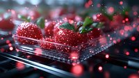 Fresh ripe strawberries in plastic container with magical bokeh light effect and sparkles, green leaves visible, dark moody food photography style.
