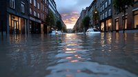 Dramatic sunset over flooded urban street with submerged cars and buildings reflecting in water, showing impact of natural disaster and climate change effects in city.