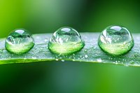 Macro photography of three crystal clear water drops on green leaf surface reflecting nature, with morning dew and bokeh background. Pure freshness concept.
