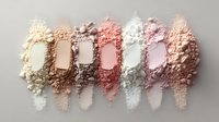 Crushed makeup powder swatches in neutral and pink tones arranged in horizontal line showing texture and pigmentation on gray background for beauty and cosmetic design.