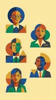 Geometric abstract portraits of diverse business professionals in modern flat design style with bold colors and shapes for corporate branding materials.