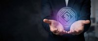 Business professional holding glowing purple dollar sign hologram in cupped hands representing financial growth and digital money management solutions.
