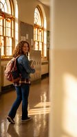 Young mixed-race female student with curly hair walking through university hallway with backpack and books, warm sunlight streaming through arched windows.