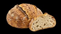 Rustic sourdough bread loaf with a slice cut out, showing airy crumb texture, isolated on transparent background, ready for food packaging, menus, and print designs.