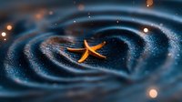 Orange starfish floating in dark swirling water with bokeh lights creating mystical underwater scene for marine life and ocean themed designs.