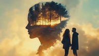 Double exposure silhouette of woman's profile merged with sunset forest landscape and couple standing against dramatic golden sky background.
