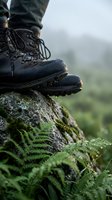 Worn hiking boots resting on moss-covered rock surrounded by green ferns in misty mountain landscape. Adventure trekking footwear for outdoor exploration and nature trails.