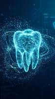 Digital holographic tooth with glowing blue wireframe structure and particle effects for dental technology and healthcare innovation concepts.