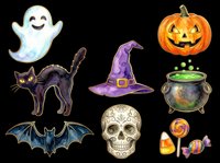 Spooky Halloween icons collection featuring ghost, pumpkin, black cat, witch hat, cauldron, bat, skull, and candy isolated on transparent background. Ready for t-shirts, stickers, clipart, and print-on-demand designs.
