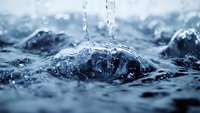 Macro photography of water drops falling and creating crown splash effect on water surface with dramatic lighting and blue tones, showing liquid dynamics in motion.