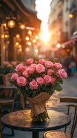 Pink roses bouquet wrapped in craft paper on cafe table at sunset with romantic street lights and bokeh background creating atmospheric evening mood.