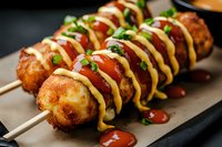 Crispy fried takoyaki balls on wooden skewers drizzled with mayonnaise and sweet sauce, garnished with fresh herbs and served on dark plate, close up view.