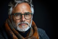 Mature man with gray hair and beard wearing glasses, brown scarf and dark sweater against black background in dramatic lighting, expressing confidence and wisdom.