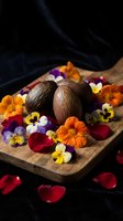 Chocolate Easter eggs on wooden board decorated with colorful edible flowers and rose petals for spring holiday celebration and gourmet dessert presentation.