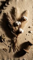 Dried pampas grass bouquet with cotton flowers tied with natural rope on textured beige surface for rustic home decor and wedding arrangements.
