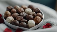 Assorted luxury chocolate truffles and pralines in white ceramic plate with red rose petals, romantic dessert setting on textured fabric background.