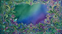 Ornamental floral frame with swirling baroque patterns in gold, purple, and teal surrounding a gradient watercolor background, suitable for invitations and design projects.