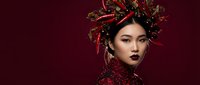 Young East Asian woman with dark hair and bold burgundy lipstick wearing ornate red and gold headdress and embellished clothing against deep red background for fashion and editorial use.