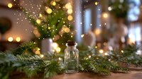 Small glass bottle surrounded by pine branches and festive bokeh lights, creating cozy holiday atmosphere for seasonal decorations.