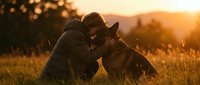 Young woman bonding with German Shepherd dog in golden sunset field, showing love and companionship between pet owner and loyal canine friend outdoors.