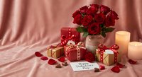 Romantic Valentine's Day setup with red roses bouquet, wrapped gifts, candles and greeting card on luxurious silk fabric background for love celebration.