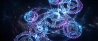 Abstract digital clockwork mechanism with glowing gears and cosmic energy streams in purple and blue tones for futuristic technology designs.