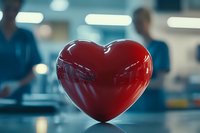 Glossy red heart shape on reflective surface against blurred medical facility background with healthcare professionals. Symbolic of cardiology and patient care.