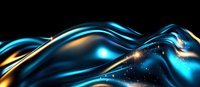 Abstract flowing waves in luminous blue and gold colors with sparkling particles create dynamic motion effect against dark background. Luxury design element.