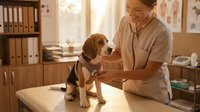 Middle-aged woman of South Asian descent, veterinarian or pet healthcare professional, examining a beagle puppy during routine checkup in modern clinic with wooden furniture and natural lighting.