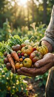 Farmer holding fresh organic harvest of colorful vegetables and berries in hands against blurred garden background with sunlight, representing sustainable agriculture and local farming.