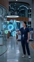 Female healthcare professional using holographic medical display technology in modern hospital corridor for patient diagnosis and treatment planning.