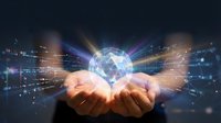Hands holding glowing digital globe with network connections and data streams, representing global technology, connectivity, and digital transformation for business solutions.
