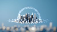 Modern cityscape with glowing particle arc above skyscrapers on blue background, creating magical urban atmosphere with bokeh effect in foreground.