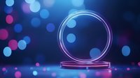 Glowing neon circle frame on dark blue background with bokeh lights and reflective surface, modern futuristic design for product display or digital art.