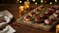 Festive cranberry and prosciutto appetizer canapes on rustic wooden board with warm golden lights creating cozy holiday atmosphere for entertaining guests.