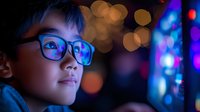 Young Asian boy wearing glasses looking up with wonder at colorful neon lights and bokeh effects in urban nighttime setting creating magical atmosphere.