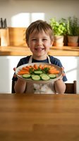 Happy young boy holding plate of fresh vegetables in modern kitchen with herbs and natural lighting for healthy eating concepts.