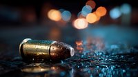 Medical capsule pill on wet surface with colorful bokeh lights background for healthcare and pharmaceutical concepts.
